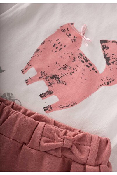 Cigit Cat Printed T-shirt Tracksuit Set 1-5 Years Ecru