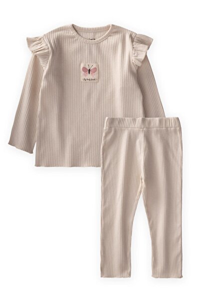 Cigit Seasonal Suit for Girls Ages 1-10 - Light Beige with Label Detail