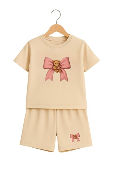 Sweetline Pink Bear Teddi Bear Ribbon Printed Kids Set - Bež kratke hlače Bež...