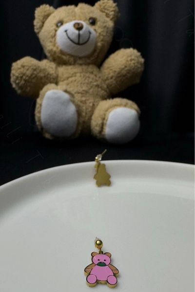 SEVGİLİ TAKI Children's Steel Earrings with Pink Teddy Bear - Fluffy Series