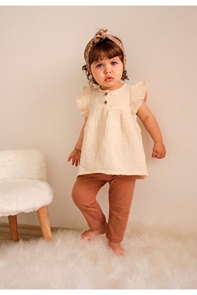 Cigit Oversize Muslin Tunic Tights Set 1-7 Years Cream