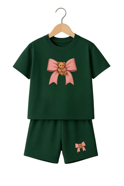 VBSVİBES Pink Bear Teddy Bear Ribbon Printed Children's Suit - Nefti Green Shorts T-Shirt Suit Printed Girl's Y