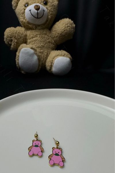 SEVGİLİ TAKI Children's Steel Earrings with Pink Teddy Bear - Fluffy Series