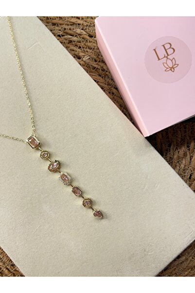 lotusbybuket VIP çelik gold özel tasarım geometrik pembe taşlı Y dekolte kolye