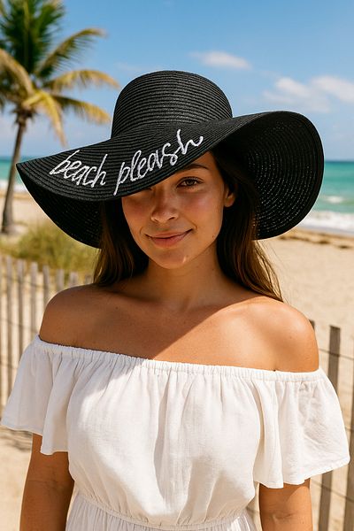 Luminos Butik Beach Please Embroidered Black Straw Hat Hsr2029 Boxed Shipment