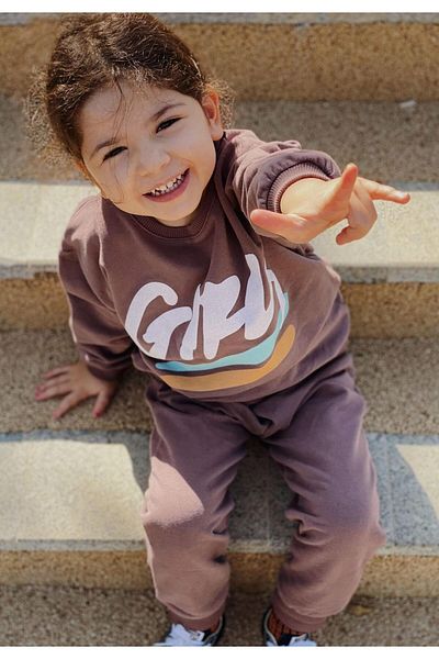 Cigit Girls Printed Sweatshirt Set 2-10 Years Plum
