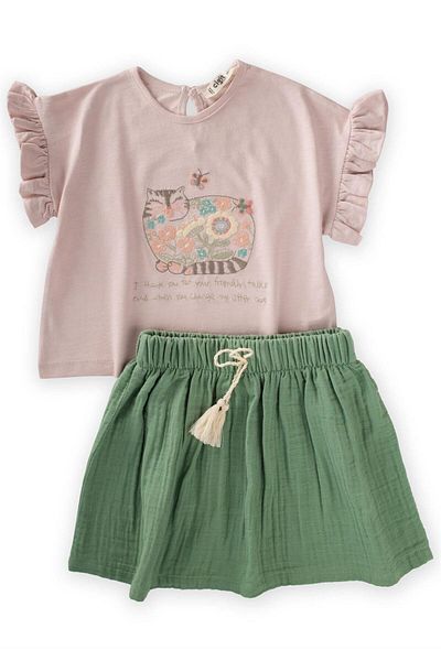 Cigit Cat Embroidered Skirt Suit Age 1-7 Powder Pink
