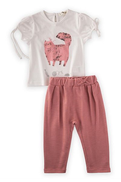 Cigit Cat Printed T-shirt Tracksuit Set 1-5 Years Ecru