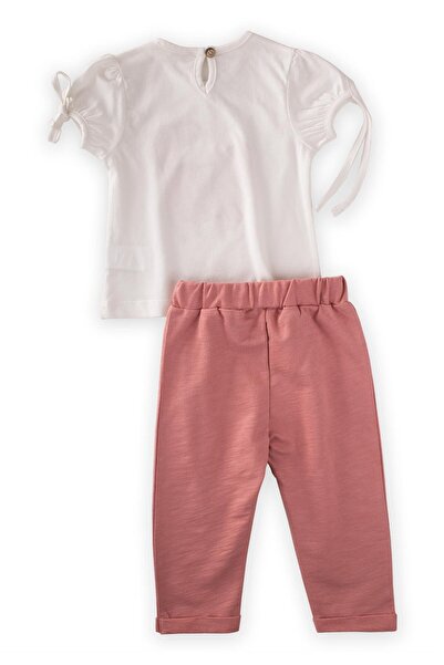 Cigit Cat Printed T-shirt Tracksuit Set 1-5 Years Ecru