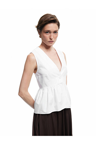 Koton Cotton Button Detailed V Neck Oversize Poplin Sleeveless Blouse