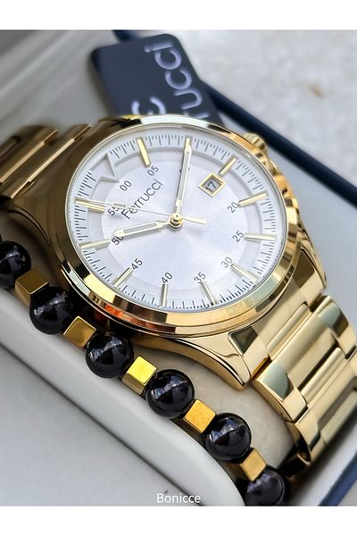Ferrucci Steel Cord Black Yellow Color Men's Wrist Watch Bracelet with Calendar