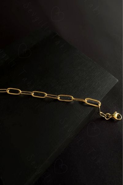 SEVGİLİ TAKI Paperclip Embossed Children's Gold Steel Chain Bracelet| Ida Series