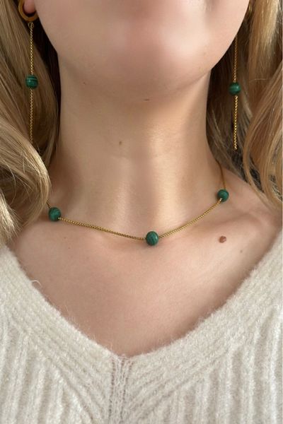 SEVGİLİ TAKI Malahit Natural Stone Gold Steel Necklace| Vega Series