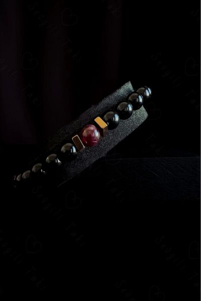 SEVGİLİ TAKI Obsidian and Granate Natural Stone Bracelet - Balance Series