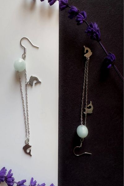 SEVGİLİ TAKI Aquamarine Natural Stone Whale Charm Steel Earrings - Vishuddha Series