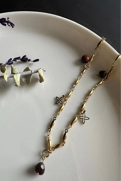 SEVGİLİ TAKI Gold Steel Anklet with Turtle Eye Natural Stone Bar Chain |   Confidence Series