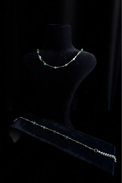 SEVGİLİ TAKI Agate Natural Stone Steel Necklace and Bracelet Set| Protection Series