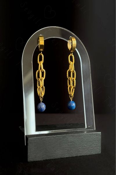 SEVGİLİ TAKI Gold Lapis Lazuli Steel Earrings - Lover Natural Stone Set