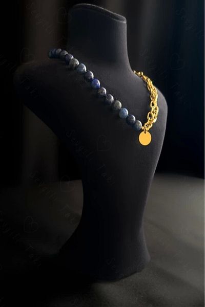 SEVGİLİ TAKI Gold Steel Necklace with Lapis Lazuli Natural Stone Embossed Chain| Dear Jewelry Collection