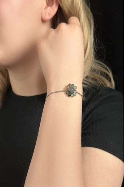 SEVGİLİ TAKI Labradorite and Agate Natural Rhinestone Elevator Steel Bracelet -Lover Jewelry Collection