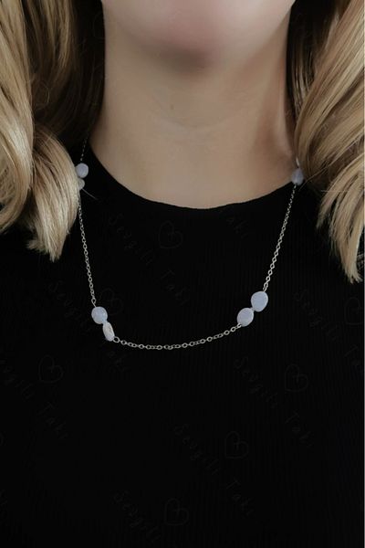 SEVGİLİ TAKI Aquamarine And Chalcedony Natural Stone Steel Necklace| Vishuddha Series