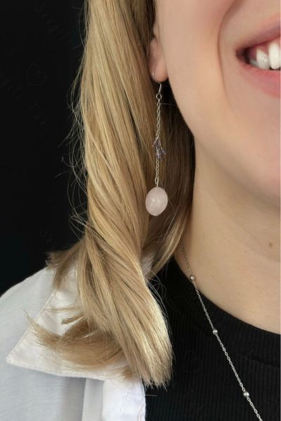 SEVGİLİ TAKI Pink Quartz And Amethyst Natural Jewelled Steel Earrings - Lover Jewelry Collection