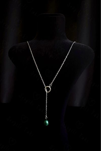 SEVGİLİ TAKI Y Model Malahit Adjustable Steel Necklace with Natural Stone |   Dear Jewelry Collection