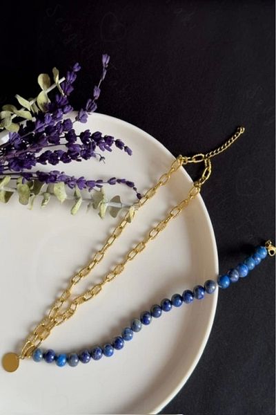 SEVGİLİ TAKI Gold Steel Necklace with Lapis Lazuli Natural Stone Embossed Chain| Dear Jewelry Collection
