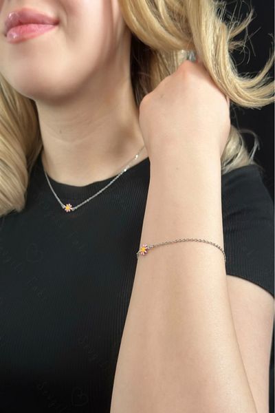 SEVGİLİ TAKI Pink Daisy Charm Steel Necklace and Bracelet Set| Karma Series