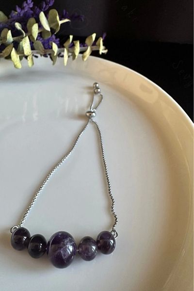 SEVGİLİ TAKI Amethyst Natural Stone Adjustable Steel Bracelet - Mixed Series