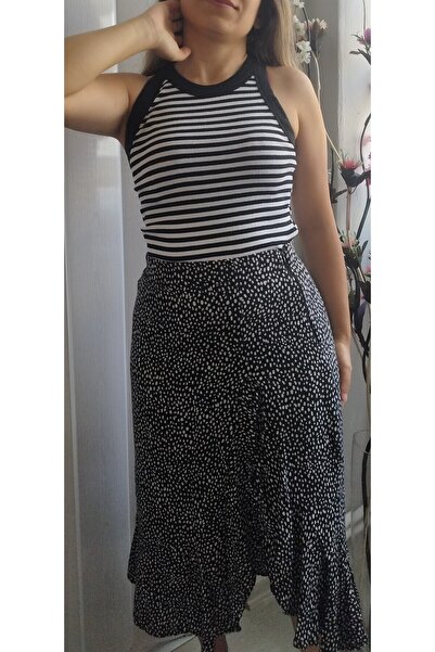 Aslında Look Siyah Beyaz Çizgili Kısa Kol Askılı Halter Yaka 50 Cm Fitilli Ba...
