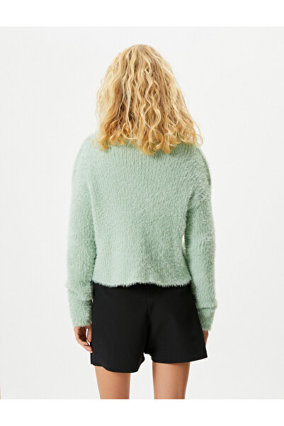 Koton Peluş Triko Crop Hırka Uzun Kollu Düğmeli V Yaka