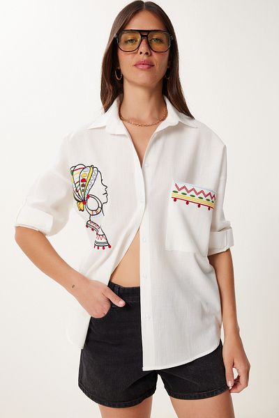 Lovelyİstanbul Cămașă oversize din in cu detaliu de broderie ECRU LDE0007