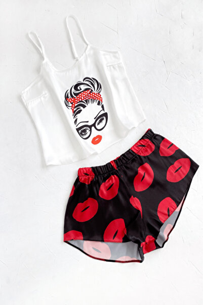 Gece İncisi Set pantaloni scurți din satin imprimat cu buze