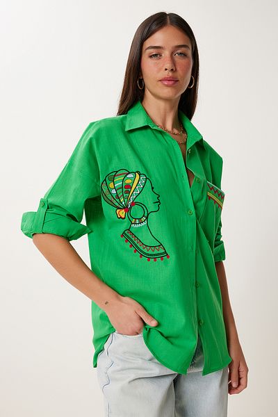 Lovelyİstanbul Cămașă oversize de in VERDE - Detaliu broderie LDE0007