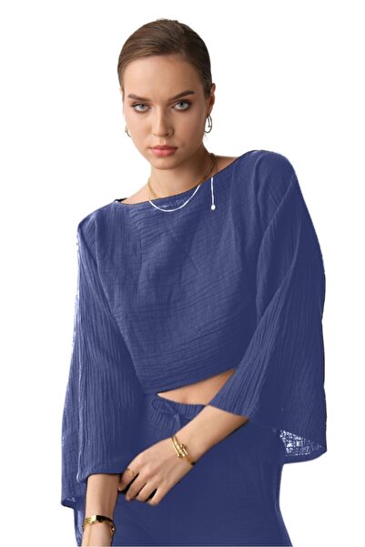 clavia Muslin Bustier, Tshirt Spanish Sleeve Boat Neck 100% βαμβακερό καλοκαιρινό μπλουζάκι, Crop Bustier Indigo