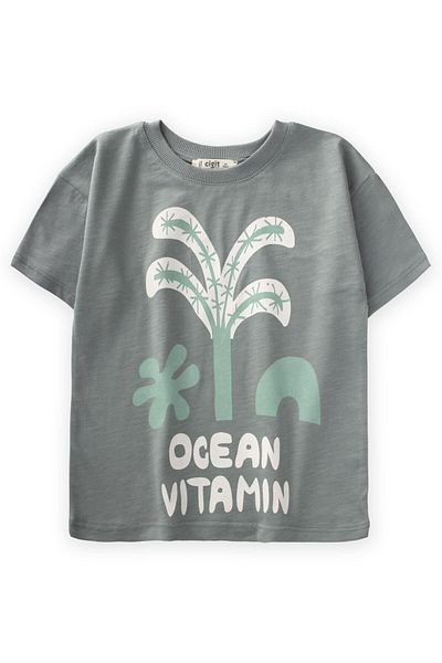 Cigit Ocean Printed T-Shirt 3-10 Years Old Green