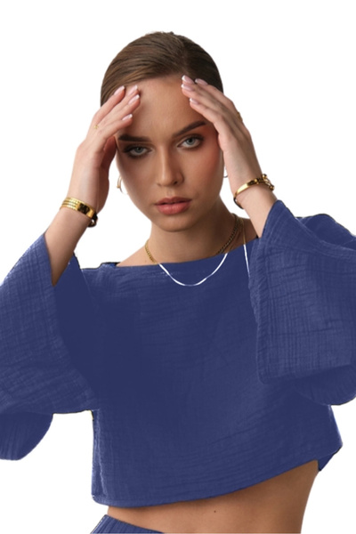 clavia Muslin Bustier, Tshirt Spanish Sleeve Boat Neck 100% βαμβακερό καλοκαιρινό μπλουζάκι, Crop Bustier Indigo