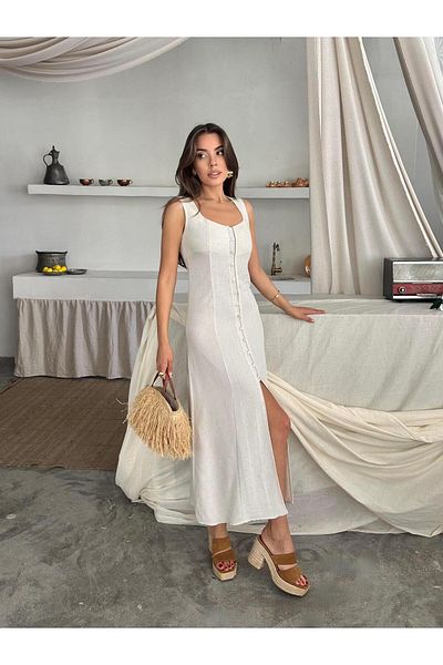 SOFT Lina Linen-Viscose Summer Dress with a Slit in the Front and a Fabric Cover Button