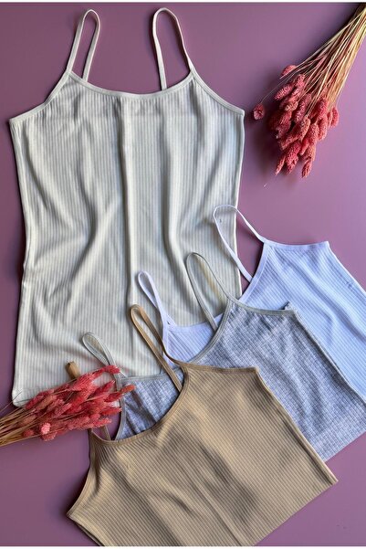 Elosia Libre Line |   4-Piece Pink, Green, Black and Blue Cotton Ribbed Thread Strap Tank-Blouse