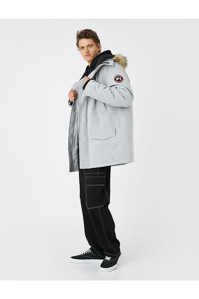 Koton Faux Fur Hooded Anorak - Zippered and Label Printed