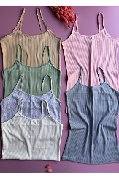 Elosia Libre Line |   4-Piece Pink, Green, Black and Blue Cotton Ribbed Thread Strap Tank-Blouse