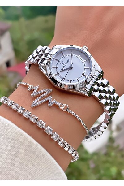 Daniel Klein Premium Women's Gift Set – Silver Watch, Clover Bracelet & Sunburst Heart Necklace - Gift Boxed