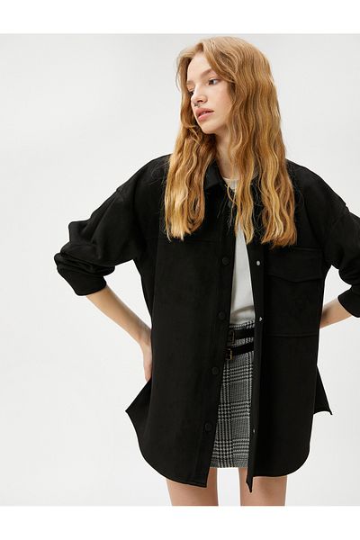 Koton Suede Look Shirt Long Sleeve with Snap Closure Pocket