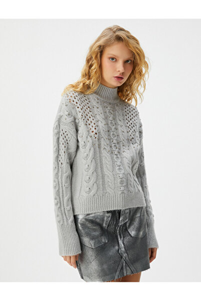 Koton Πέτρινο πουλόβερ με ζιβάγκο με μακρύ μανίκι, απαλή υφή