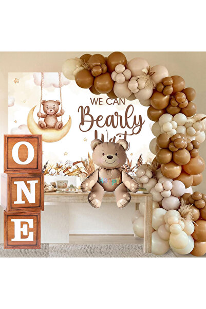 Patladı Gitti Oyuncak Ayı Temalı 1 Yaş Doğum Günü Seti; Ahşap Görünümlü One K...