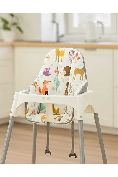 Bebek Özel Pamuklu Bebek Çocuk Mama Sandalyesi Minderi Doğa Hayvanlar Grili