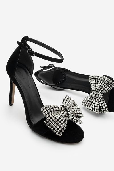 Marjin Schwarze Damensandalen mit Absatz und Schleife Revealed Ankle Strap Belgen Schwarzes Wildleder