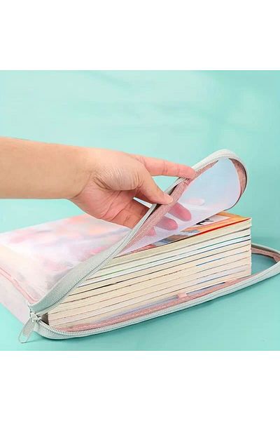 VELLICHOR Large Capacity L-Shaped Transparent Document File Organizer Bag 3 Compartments Pink