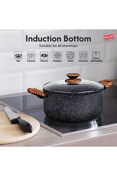 Sweet Home Marble Casserole (24cm) Non Stick Pan with Lid, PFOA-Free Granite Coating